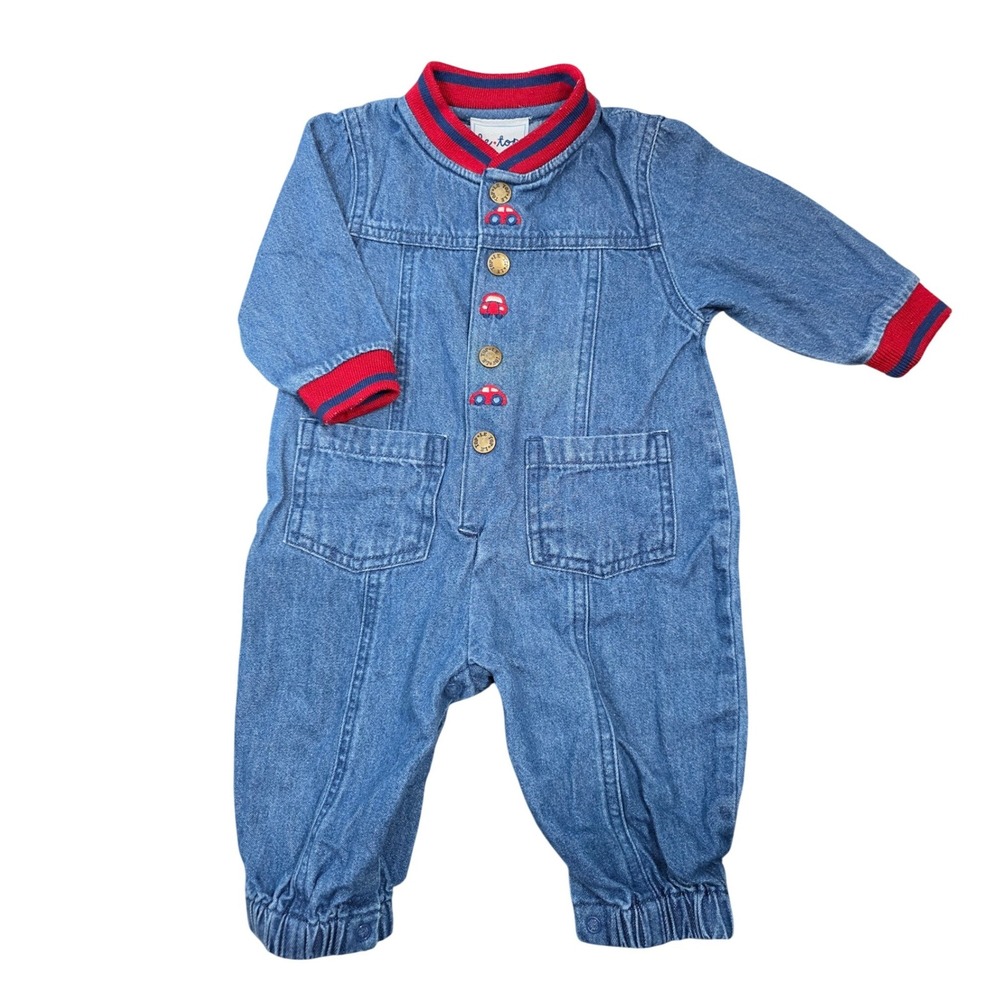 Vintage Le Top Denim Jumpsuit Baby Boys Cars Red Collar Romper Snaps 9M /B39